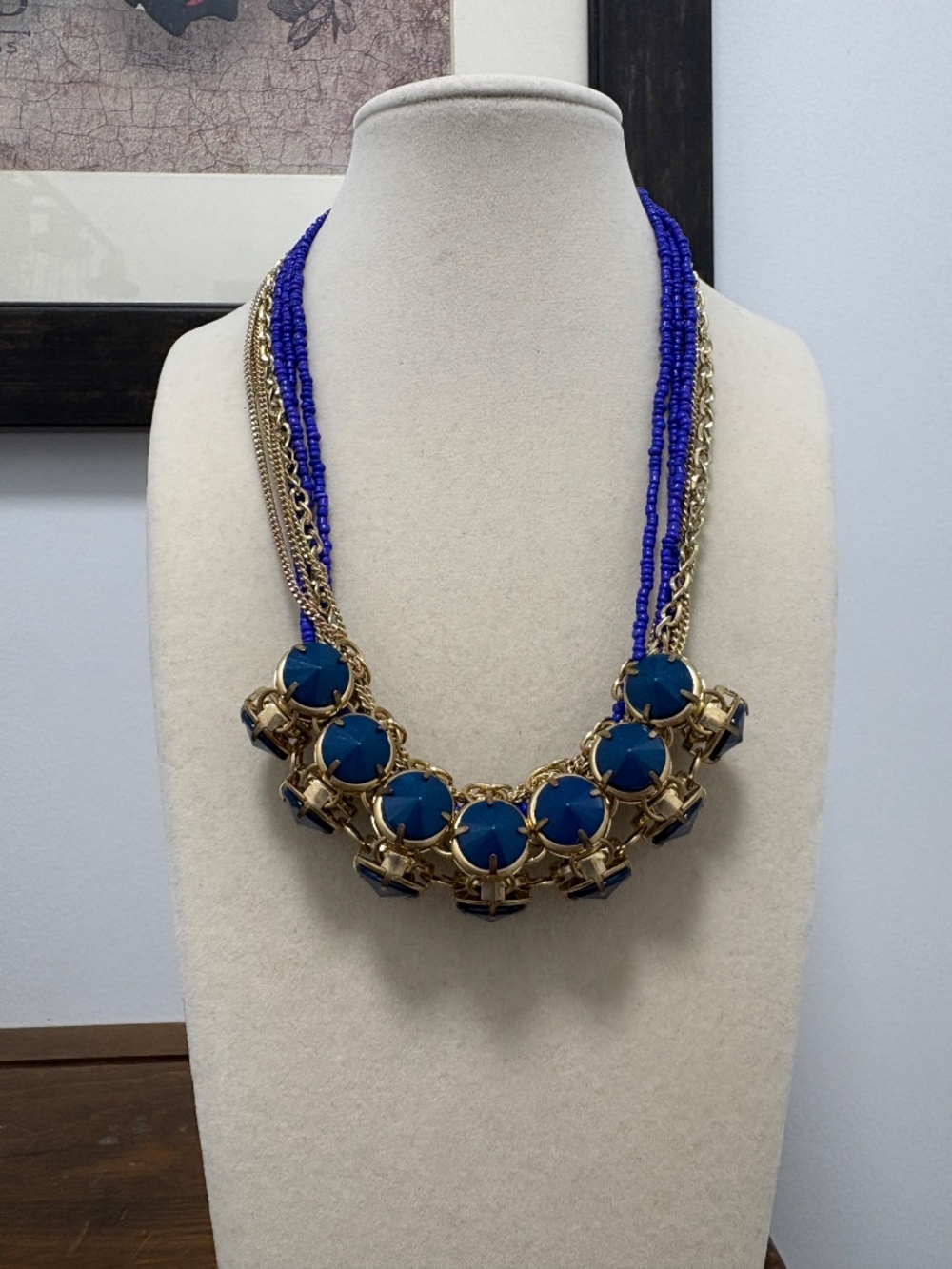 Chunky Multi-Strand Blue Seed Bead & Gold Chain Statement Necklace 16"
